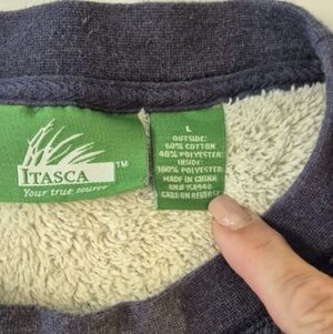Itasca Men's Crewneck Long Sleeve Sweater. Blue with White Fleece Inside.